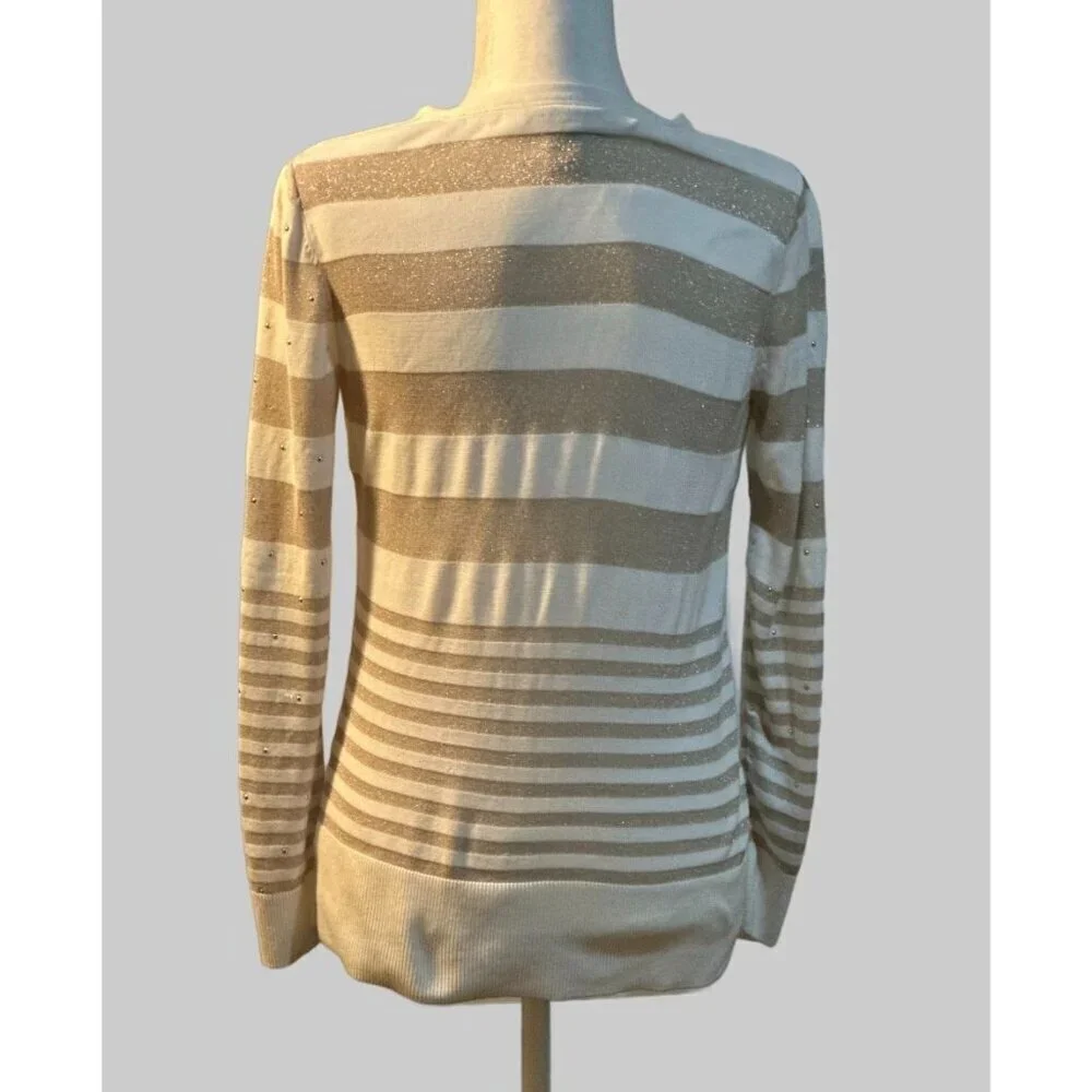 White House Black Market Cardigan Sweater M Striped Beige Metallic Rhinestone Bu - Picture 2 of 8